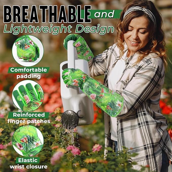 HANDLANDY Women Gardening Gloves, Scratch Resistant Breathable Ladies Rose Pruning Long Gauntlet Floral Print Garden Yard Gloves, Gift for Gardeners (Green, XL)