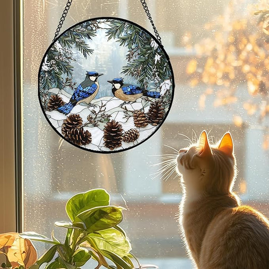 HWRHTR Stained Glass Window Hanging - Blue Bird Winter Forest Landscape Suncatcher for Door Garden Yard Sun Catchers Decor Christmas Mother's Day Birthday Gifts for Women Mom Nana Friend 6.3 in