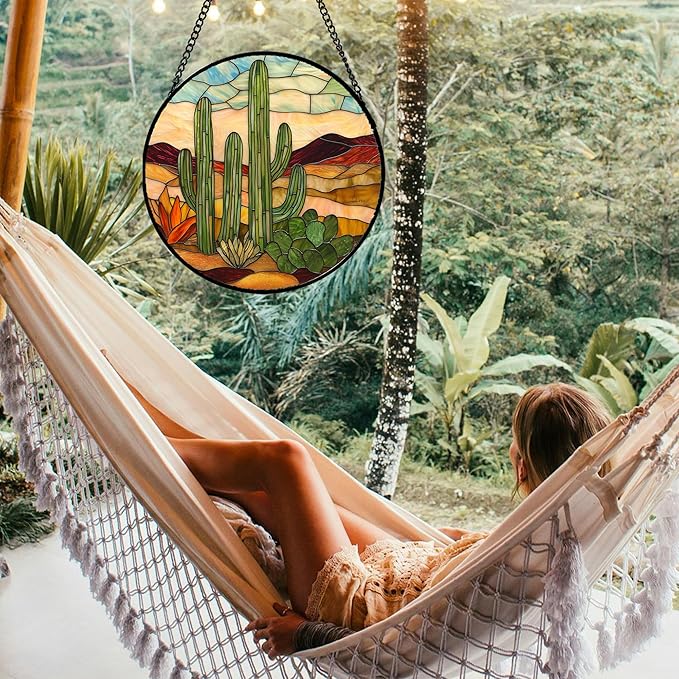JOSUMALY Stained Glass Window Hanging, Green Cactus Sun Catcher for Door Terrace Garden Home Decor, Abstract Desert Landscape Suncatcher Birthday Gifts for Lovers Women Men Dad Mom Nana 6.3