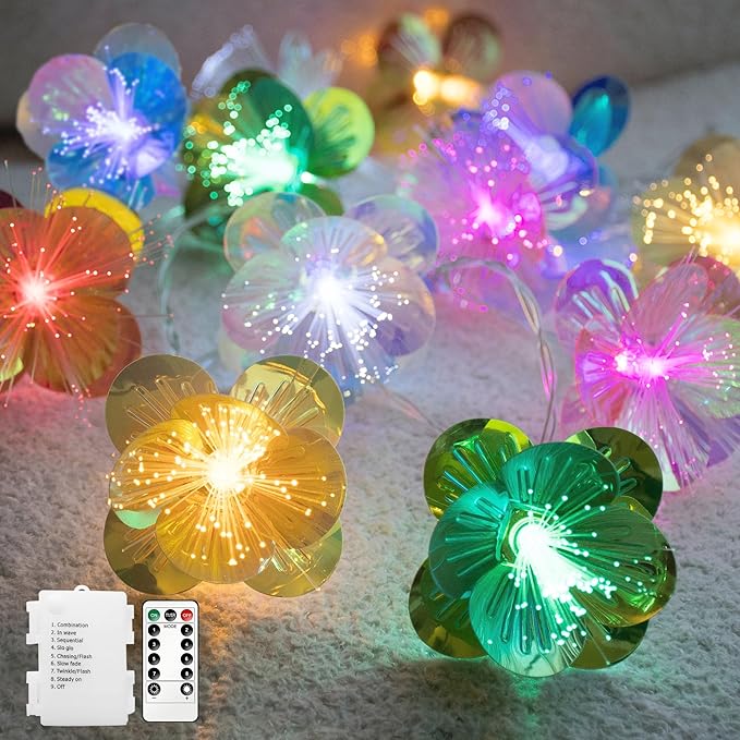 YOLIGHT Fiber Optic Flower String Lights Battery Operated with Timer, 13ft 20 LED Colorful Flower Garland Lights Fairy Lights for Room Table Wedding Christmas Easter Décor (Multi-Color)