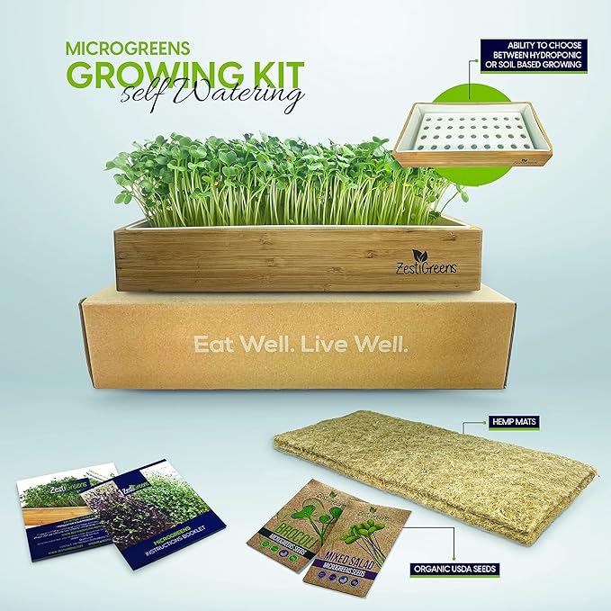 Self-Watering Microgreens Growing Kit – Easiest Way to Grow Fresh Microgreens at Home. Includes Reusable Tray, Organic Seeds, Grow Mats & Stylish Bamboo Frame – No Soil, No Mess (Salad & Broccoli)