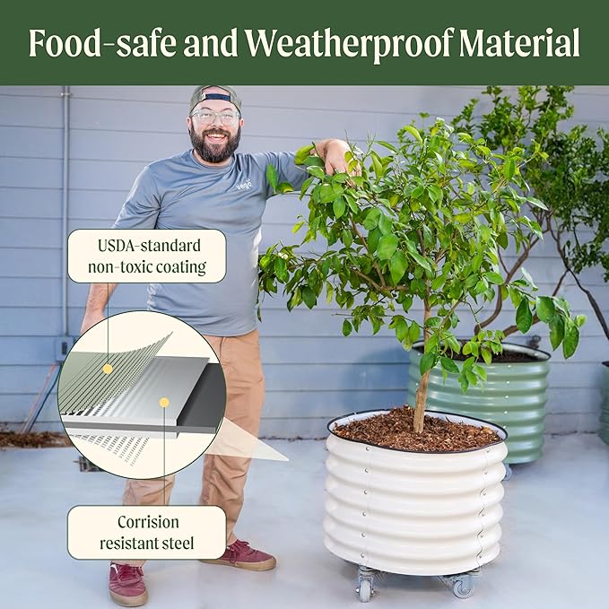 Rolling Metal Citrus Tree Planter Pot, 21″ Round Planter Box for Porch Patio & Backyard, 20 Gallon Large Planter Pot with Wheels for Growing Trees Tomatoes Vegetables and Flowers, 2 Pack Modern Gray