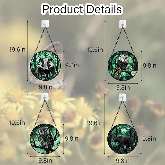 DASTOLL Stained Glass Window Hanging 4 Pcs Set Green Forest Night Sky Wildlife 9.8" - Suncatcher Door Garden Sun Catcher Decor Birthday for Mom Woman Nana Men Friend