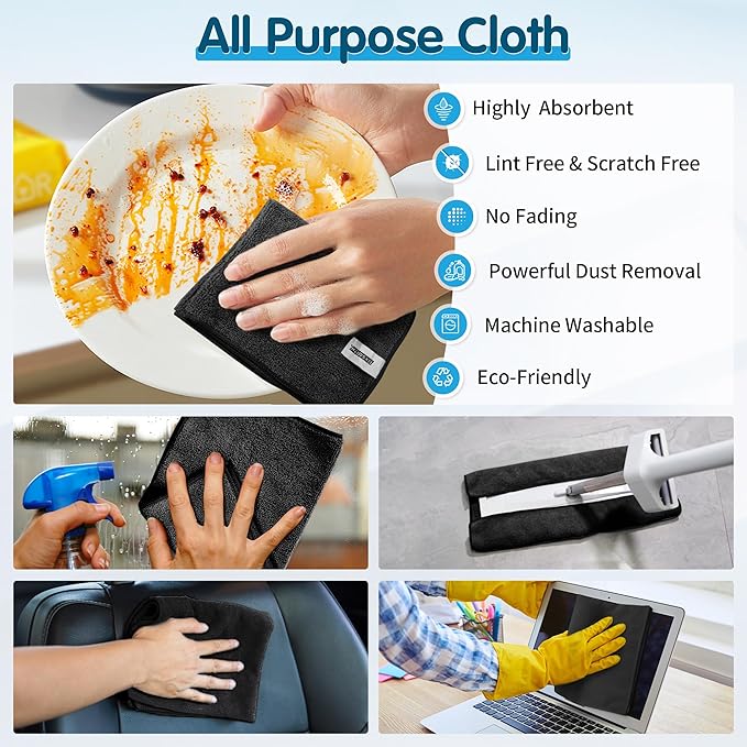 FIXSMITH Black Microfiber Cleaning Cloth -Pack of 8, Highly Absorbent Cleaning Rags, 16"X12" All Purpose Cleaning Towels for Housekeeping, Kitchen, Car, Lint Free and Reusable Microfiber Towels