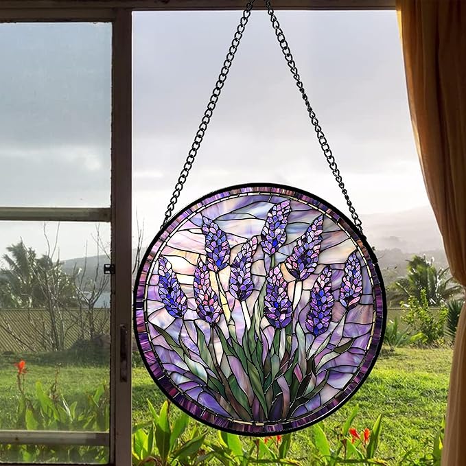 JOSUMALY Stained Glass Window Hanging - Purple Flowers Suncatcher for Door Terrace Garden Home Decor Lavender Plant Floral Sun Catcher Birthday Gifts for Lovers Women Men Dad Mom Nana 11.8 in