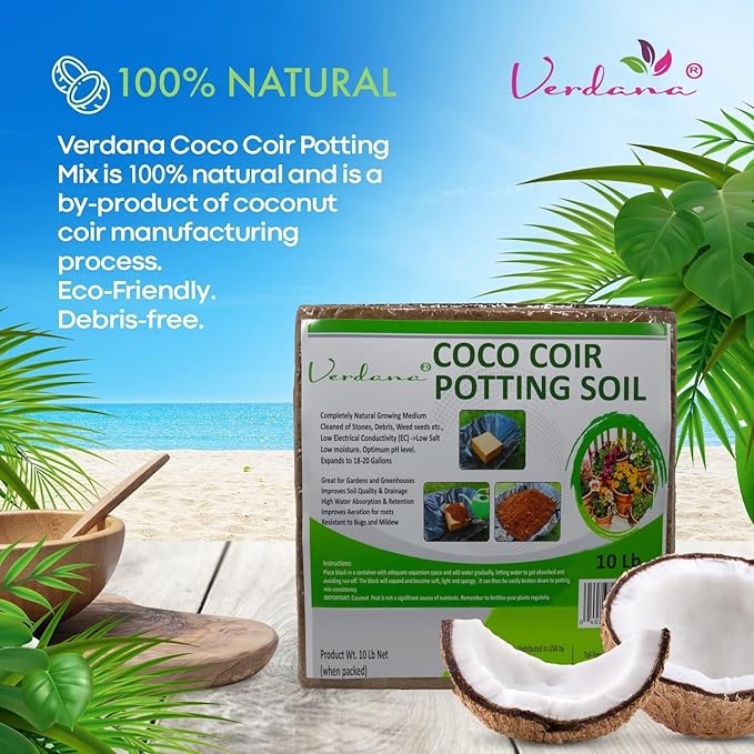 Verdana Coco Coir Potting Soil Brick – 10 Lb - Peat Moss Alternative for Potting Mix, Raised Bed Soil, Organic Gardening & Seed Starting - Compressed Coconut Fiber Block Expands to 18 Gallons