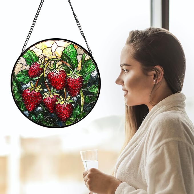 AMDERVEN Stained Glass Suncatcher, Red Strawberry Green Leaf Sun Catcher Silver Background Stain Glass Window Hanging Decoration Mother's Day Birthday Gifts for Women Men Mom Nana 9.8 in