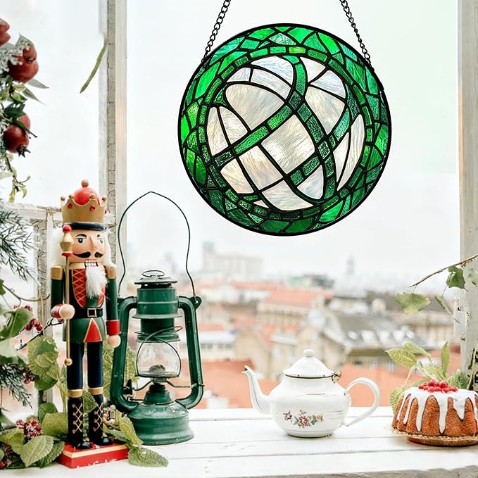 QZQCBLC Stained Glass Window Hanging Green Plants 7.8" - Abstract Suncatcher Door Garden Sun Catcher Home Ireland Decor Birthday Mother's St Patrick's Day Gifts for Mom Men Woman Wife Friends