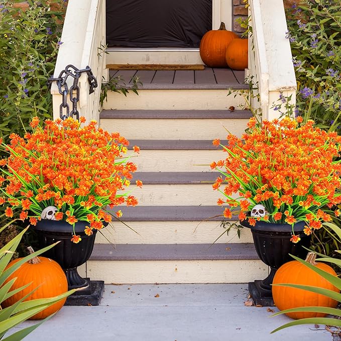 AGIRL 24 Bundles Artificial Fall Flowers Outdoor Indoor Decoration,Fake Plastic Flowers,Faux Mums Plant for Thanksgiving Fall Decor,for Hanging Outside Garden Front Door Porch Patio Window Box
