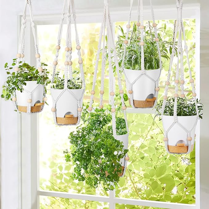 GARDIFE Hanging Planters for Indoor Plants,5Pcs Hanging Basket for Indoor Boho Home Decor,Macrame Plant Hanger,35 Inches,29Inch,23Inch, Ivory,Self Watering Planters, 7/6.5/6/5.5/5 Inch,White&White