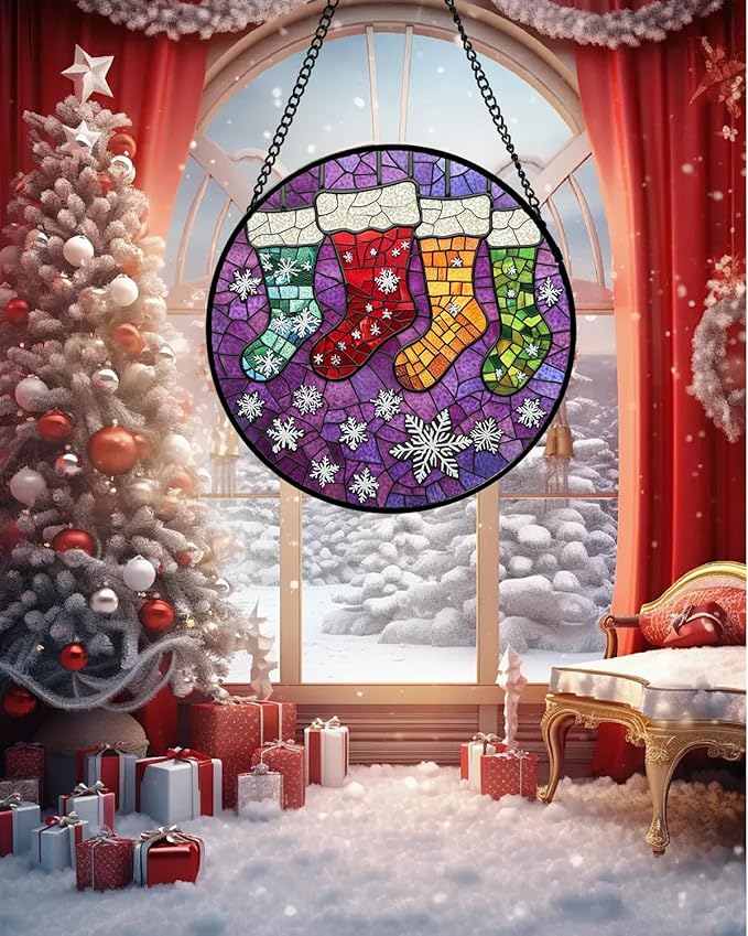 Stained Glass Window Hanging - Christmas Stockings Suncatcher for Doors Home Christmas Decoration Winter Sun Catcher Thanksgiving New Year Birthday Gifts for Women Men Mom Nana Girl 15 in