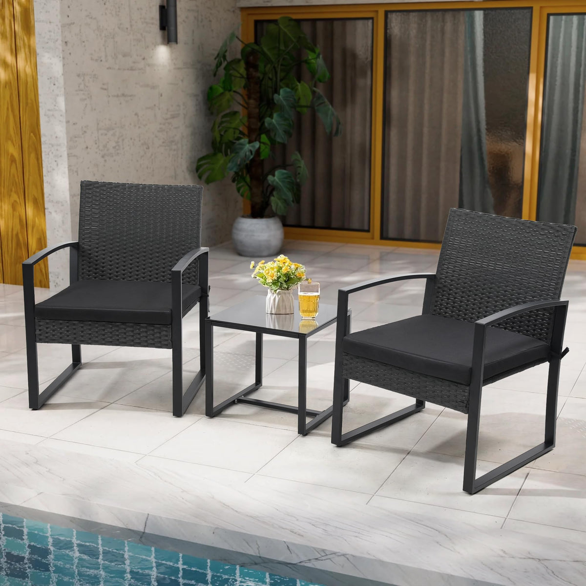 Murago Outdoor 3-Piece Wicker Bistro Set, Patio Conversation Set