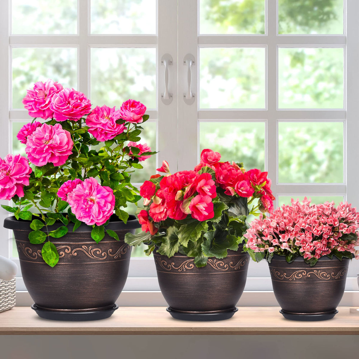 Plastic-Plant-Flower-Planters-12 Inch with Drainage Hole & Saucer, 3 Packs Lightweight Small Resin Flower Pot Indoor Outdoor, Retro Antique Imitation Decorative Garden Containers Sets for Houseplants