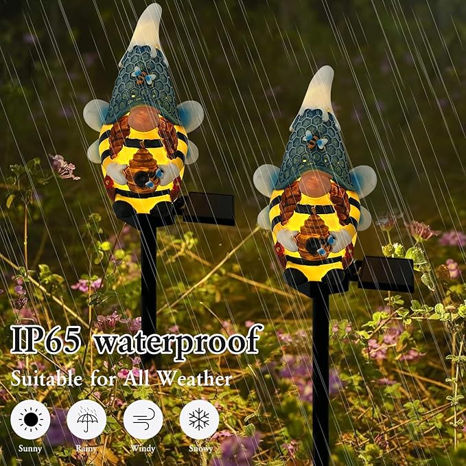 Solar Gnome Garden Lights, Outdoor Gnome Statue with Bees & Honey Jars, Solar Powered Fairy Garden Lights Gnome Decorations for Home Outside Yard Lawn Patio Gnomes Gifts (Bee)