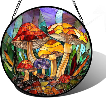 DASTOLL Stained Glass Window Hanging, Jungle Mushrooms Sun Catchers Diamond Glass Panel Hangings Plant Suncatcher Decor for Birthday for Women, Men, Wife, Aunt, and Mom 11.8x11.8 in