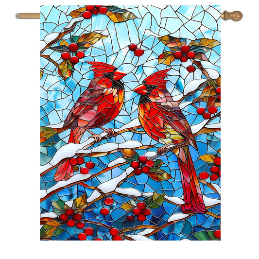 Winter Cardinal Bird Garden Flag for Outside 28x40 Stained Glass Red Birds on Snow Pine Tree Flag Christmas House Flags Large Outdoor Welcome New Years Yard Flag Double Sided