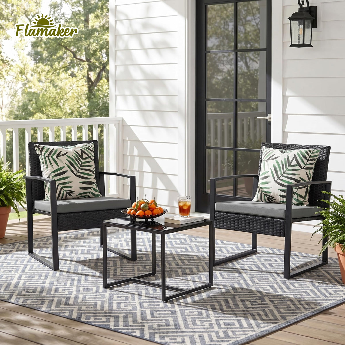 Flamaker 3 Pieces Patio Furniture Set Outdoor Wicker Bistro Chair (Grey)