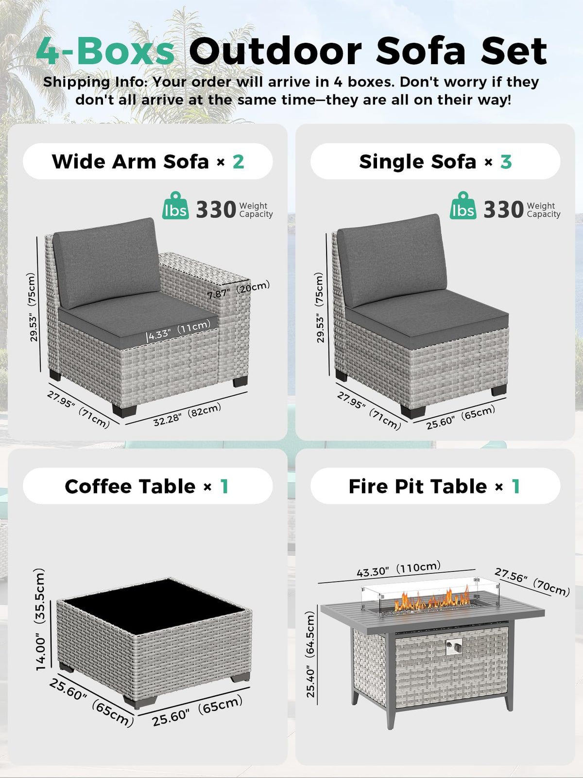 7 Piece Outdoor Wicker Patio Furniture Set with Fire Pit Table