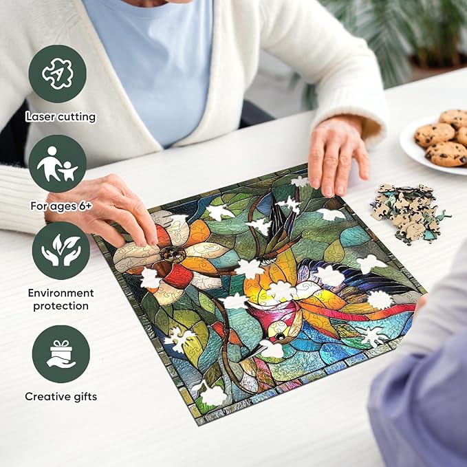 Qiuenisray Wooden Puzzles for Adults 500 Piece, Stained Glass Hummingbird Puzzle, FSC Certified Wall Decor Unique Animal Shape Puzzles, for Family Friend 15.9x15.9 in