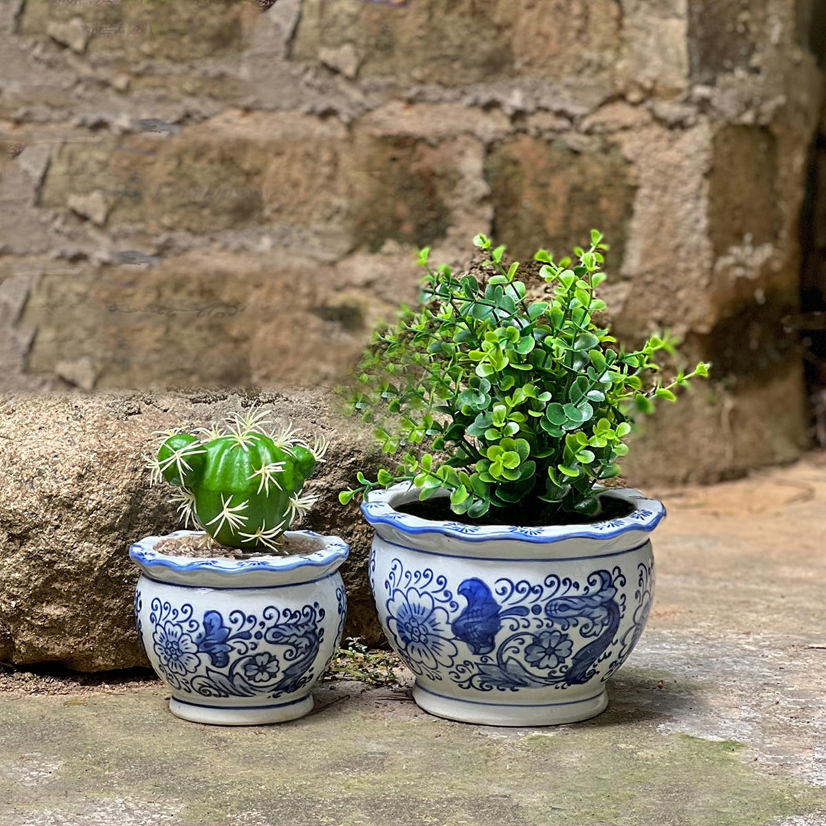 Blue and White Planters, Ceramic Plant Pots Indoor with Drainage, Set of 3