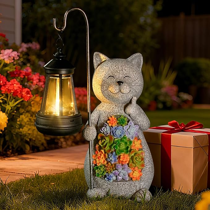 Solar Cat Garden Statue with Succulent Decor Hanging Lantern – Waterproof Resin Outdoor Figurine for Yard, Patio, Balcony – Gift for Cat Lovers, Gardeners
