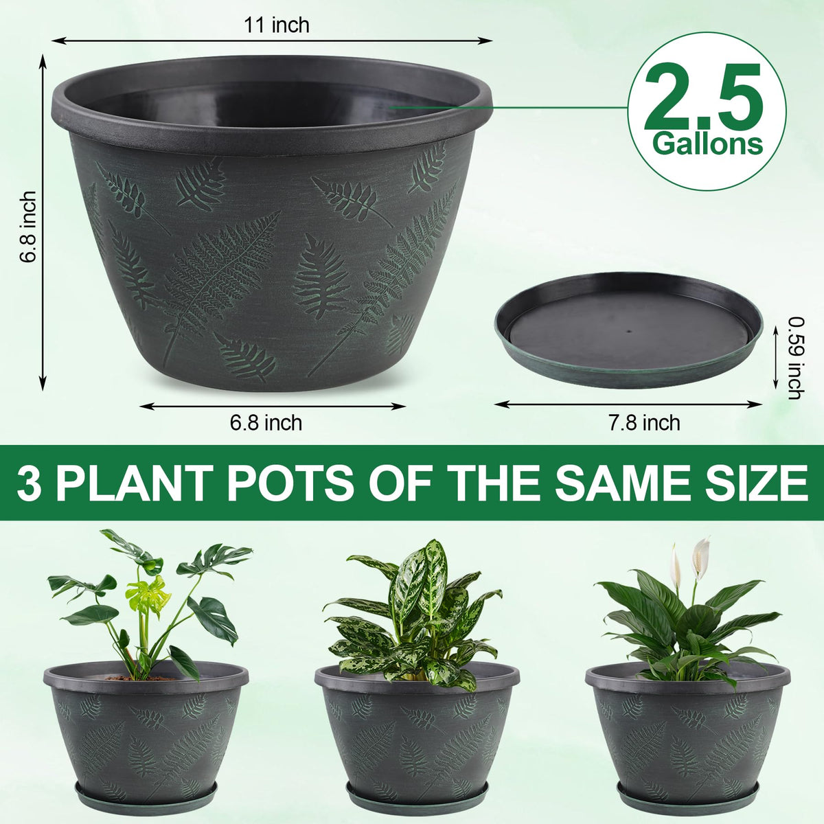 11 inch Plant Pot Set of 3, Plastic Flower Pots with Drainage Holes & Tray