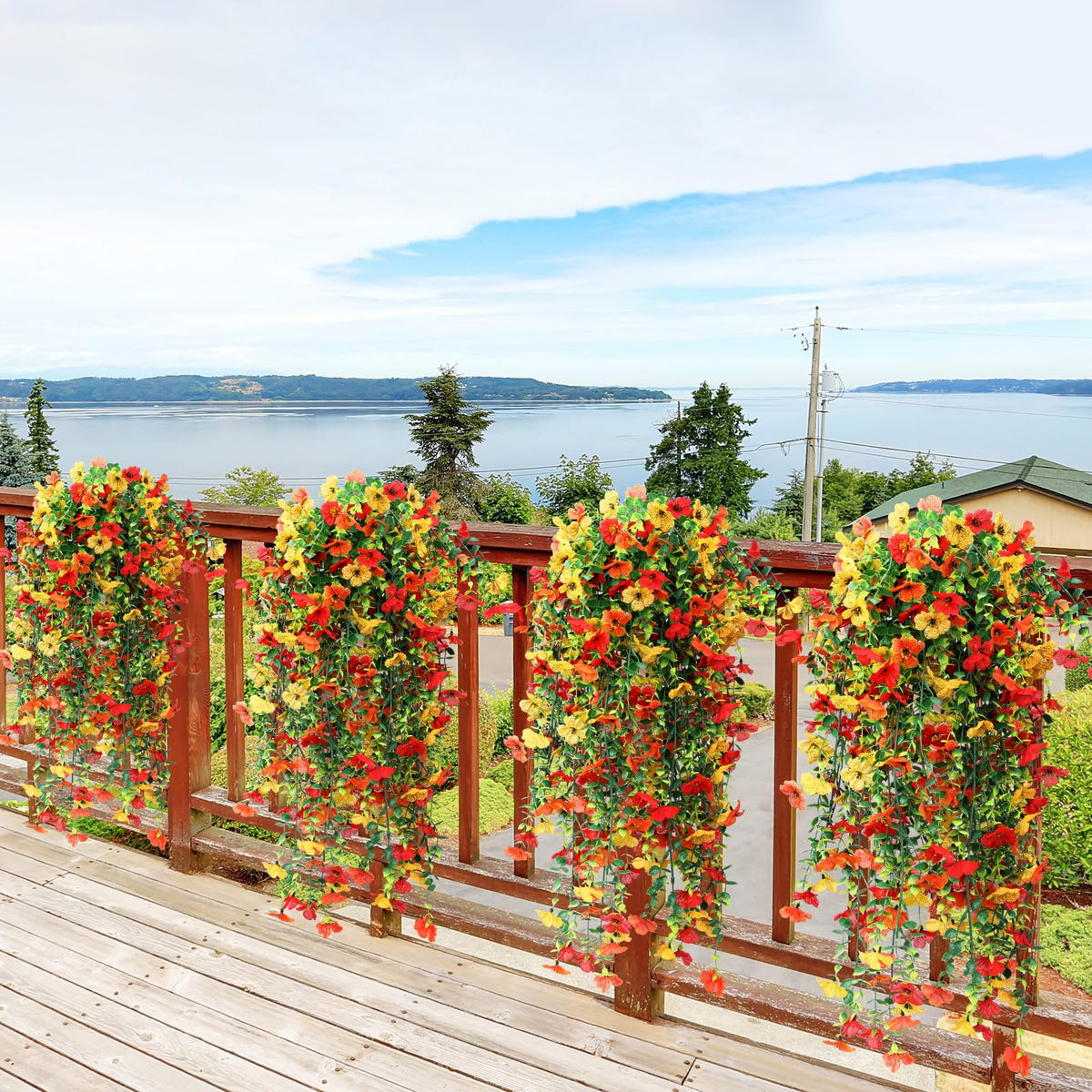 FineCheer 6 Pcs Fall Artificial Hanging Flower Outdoor, Red, Yellow, Orange