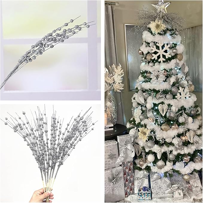 Artificial Berries Stems Ornaments 17 Inch, Sparkling Christmas Tree Picks, Glittery Berry Stems Fake Plant Picks and Branches for Xmas Wreath Ornaments Holiday Home DIY Decor - Silver 10 Pack