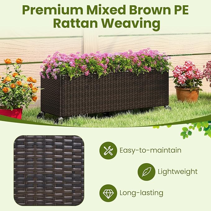 HAPPYGRILL Raised Garden Bed, All-Weather PE Rattan Elevated Planter Box w/Lockable Wheels, Liner for Growing Vegetables Flowers Herbs, Indoor Outdoor Wicker Rolling Gardening Box for Yard Patio (2)