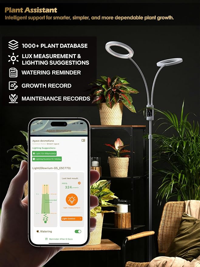 Smart Grow Lights for Indoor Plants,48W 2-Head Plant Light with Auto-Timer, Full Spectrum LED Grow Light, Adjustable Height & Stepless Dimming,Plant Assistant Suitable for Most Plants (White, 48W)