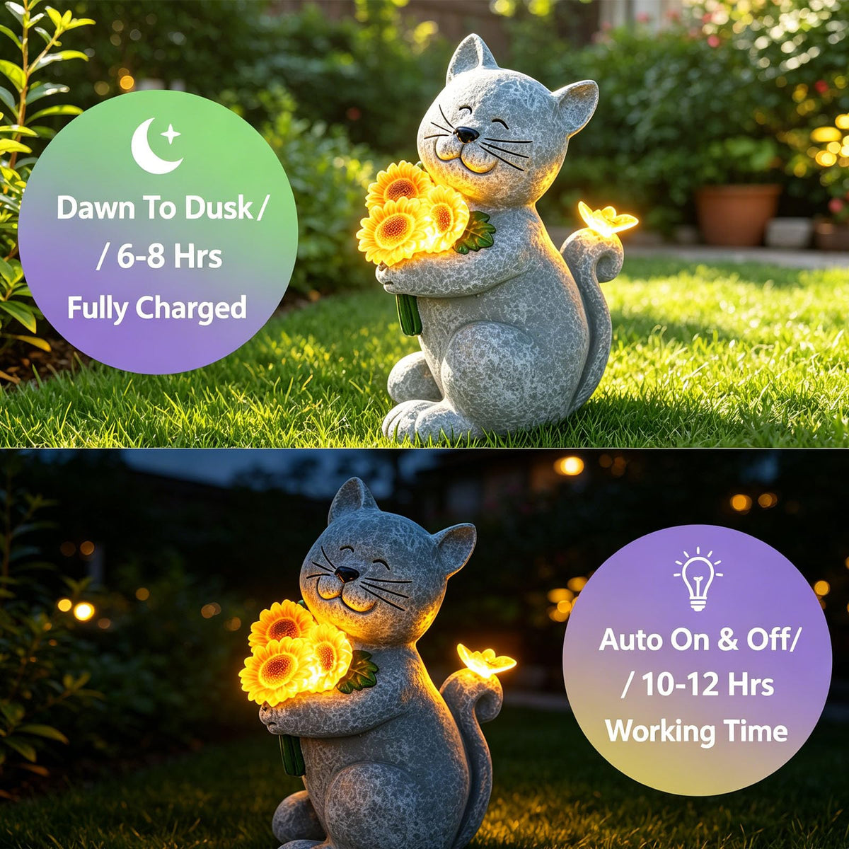Solar Cat Garden Statue with Sunflowers - LED Light Up Outdoor Resin Cat Figurine with Butterfly, Waterproof Decor for Yard Patio Lawn, Unique Housewarming Birthday Gift for Mom Grandma Dad Cat Lovers