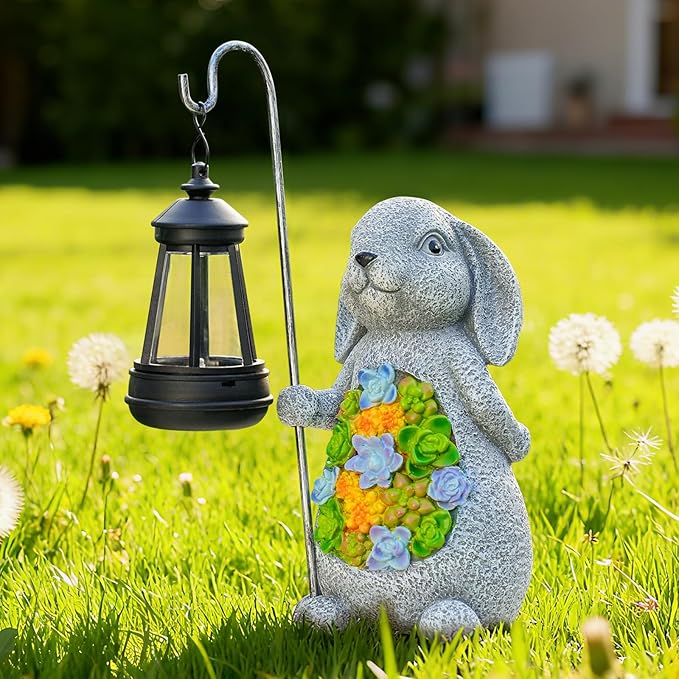 Solar Rabbit Garden Statue with Lantern – Waterproof Resin Outdoor Decor for Yard, Lawn, Patio, Garden – Gift for Easter, Christmas, Housewarming – Solar Garden Decor