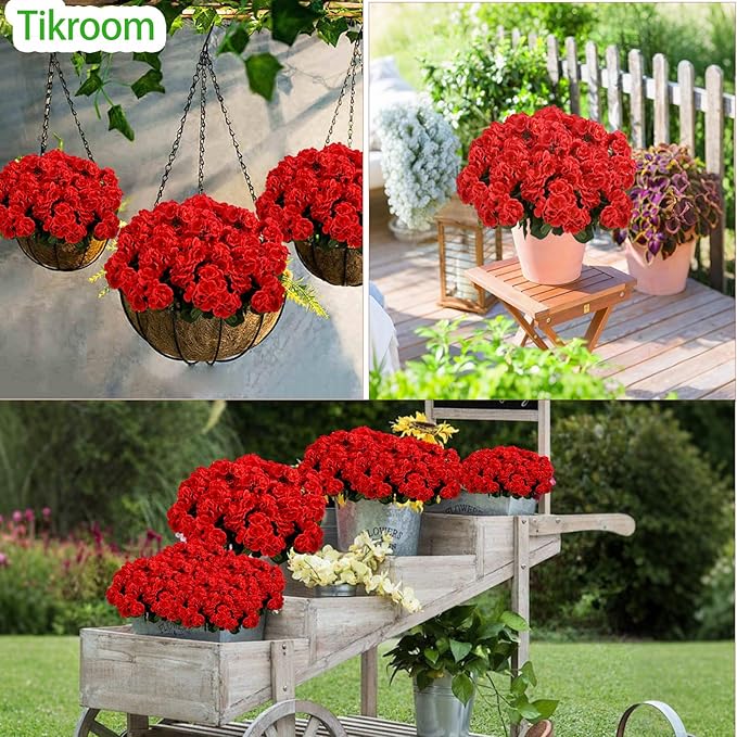 Tikroom 6 Pcs Artificial Geranium Flowers for Outdoors Fake Silk Faux Geranium Plant UV Resistant Fake Flowers for Outdoor Planters Garden Windowsill Balcony Courtyard Yard Porch Home Decor