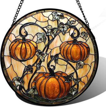 Stained Glass Window Hanging - Halloween Decoration Orange Pumpkin Vine Leaves Suncatcher for Door Garden Spooky Sun Catchers Gothic Decor Horror Gifts for Women Men Friend Boy Girl 9.8 in