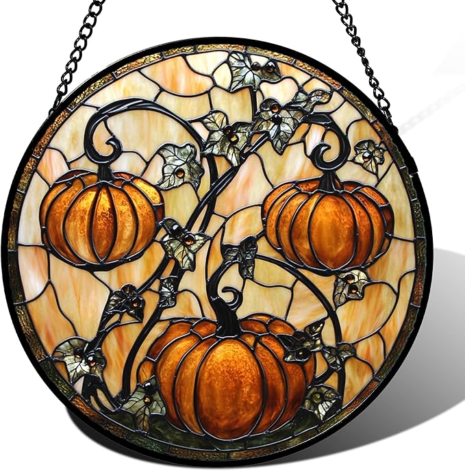 Stained Glass Window Hanging - Halloween Decoration Orange Pumpkin Vine Leaves Suncatcher for Door Garden Spooky Sun Catchers Gothic Decor Horror Gifts for Women Men Friend Boy Girl 11.8 in