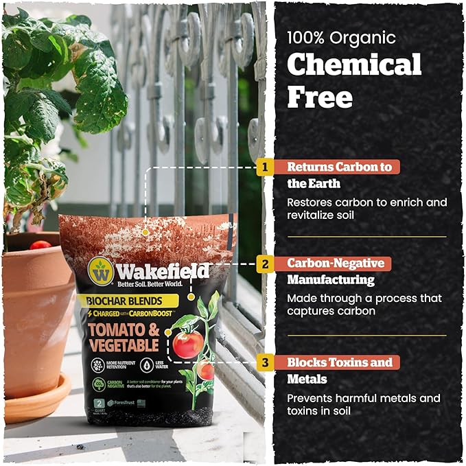 Wakefield Premium Biochar Blend – Organic Potting Soil for Vegetables, Tomatoes & Gardens – Potting Mix Enriched with Humic Acid & CarbonBoost – Versatile Top Soil for Indoor & Outdoor Plants-2quarts