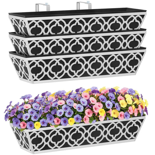 HFHOME 4 Pack 24 Inch Railing Planter Boxes with Adjustable Brackets & Non-Woven Fabric Liner Adjustable Gray Metal Window Box Planter for Balcony Deck Fence, Hanging Flower Basket for Outdoor Garden