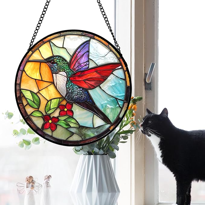 Stained Glass Window Hanging, Hummingbird Gifts Sun Catchers Diamond Glass Panel Hangings Birds Suncatcher Decor for Birthday for Women, Men, Wife, Aunt, and Mom 14.9x14.9 in