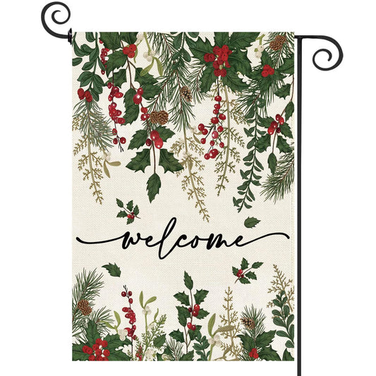 Baccessor Christmas Garden Flag 12x18 Inch Double Sided,Holly Red Berries Poinsettia Floral Welcome Winter Flag Farmhouse Vintage Outside Outdoor Yard Holiday Yard Decoration