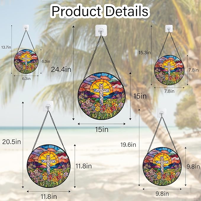JOSUMALY Stained Glass Window Hanging - Cross Flower Sea Sun Catcher for Door Terrace Garden Home Decor, Mountains Landscape Suncatcher Birthday Gifts for Lovers Women Men Dad Mom Nana 7.8 in