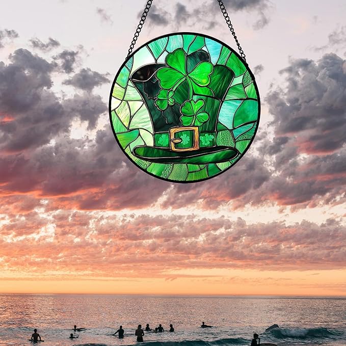 QZQCBLC Stained Glass Window Hanging Green Lucky Clover Hat 6.3" - Suncatcher Door Garden Sun Catcher Ireland Decor Birthday Mother's St. Ripack's Day Gift for Woman Mom Men Friend Nana Wife