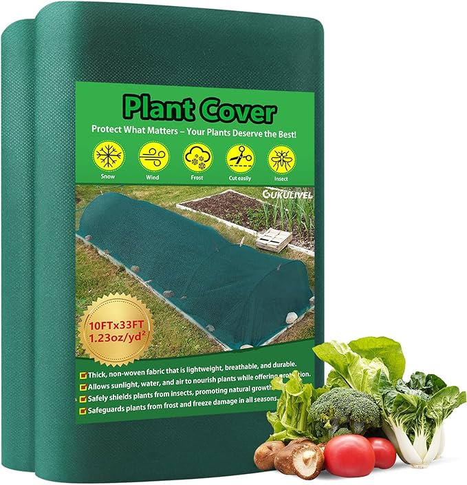 GUKULIVEL Plant Covers Freeze Protection, 10x33ft Green Frost Blanket for Winter, 1.23 oz/yd² Fabric, Premium Frost Protection Cover, Breathable Garden Row Covers for Outdoor Plants