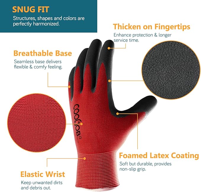 COOLJOB Gardening Gloves for Men, 6 Pairs Breathable Rubber Coated for Garden Weeding Landscaping, Outside Work for Lawn Yard, Men's Medium Size, Black & Red