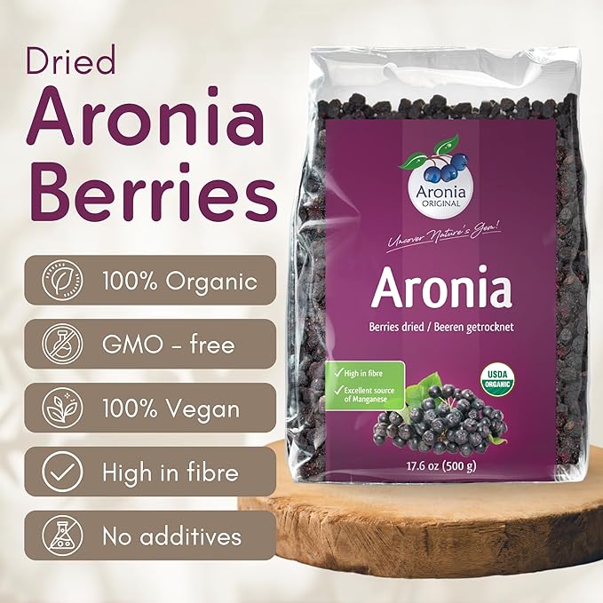 Aronia Original Organic Dried Aronia Berries 17.6 oz (500 g) - Unsweetened Black Chokeberries, Gently Dried After Harvest - Vegan, Non-GMO, No Sulfites or Additives