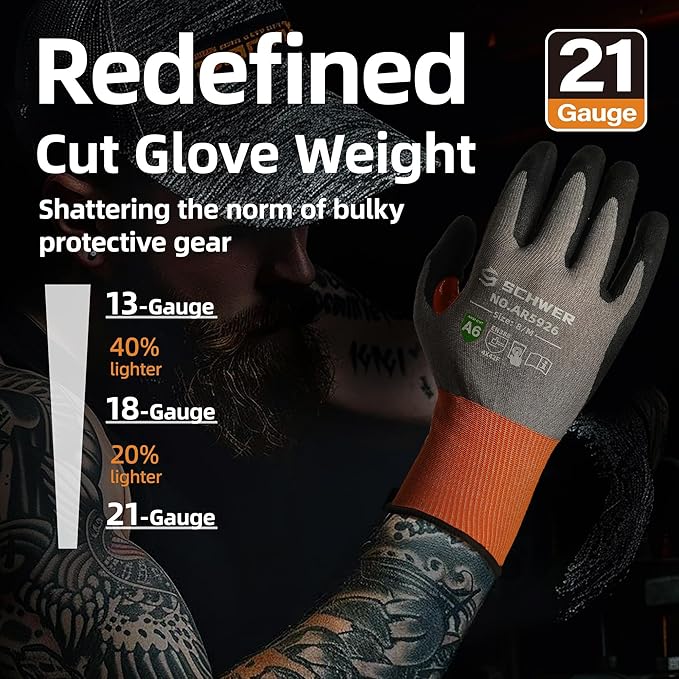 Schwer A6 AIR-SKIN Cut Resistant Work Gloves, Comfortable & Breathable, 21-Gauge Seamless Knit Flexible Safety Working Gloves with Grip for Refined Tasks, Touch-screen, Non PFAS, 1 Pair, L, AR5926