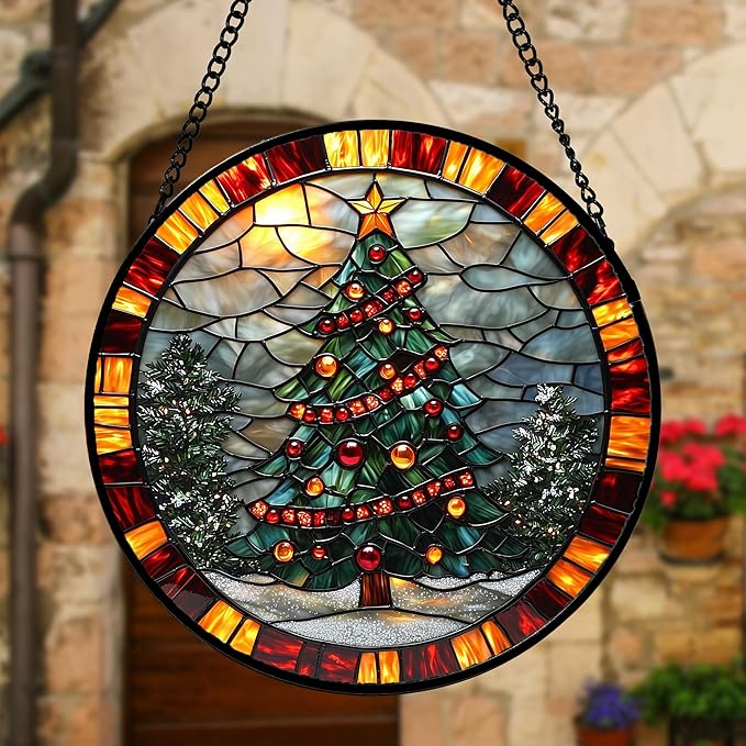 Stained Glass Window Hanging - Winter Christmas Tree Suncatcher Ready to Hang Window Doors Home Decoration, Christmas, Mother's Day Birthday Gifts for Women, Men, and Mom 7.8x7.8 in