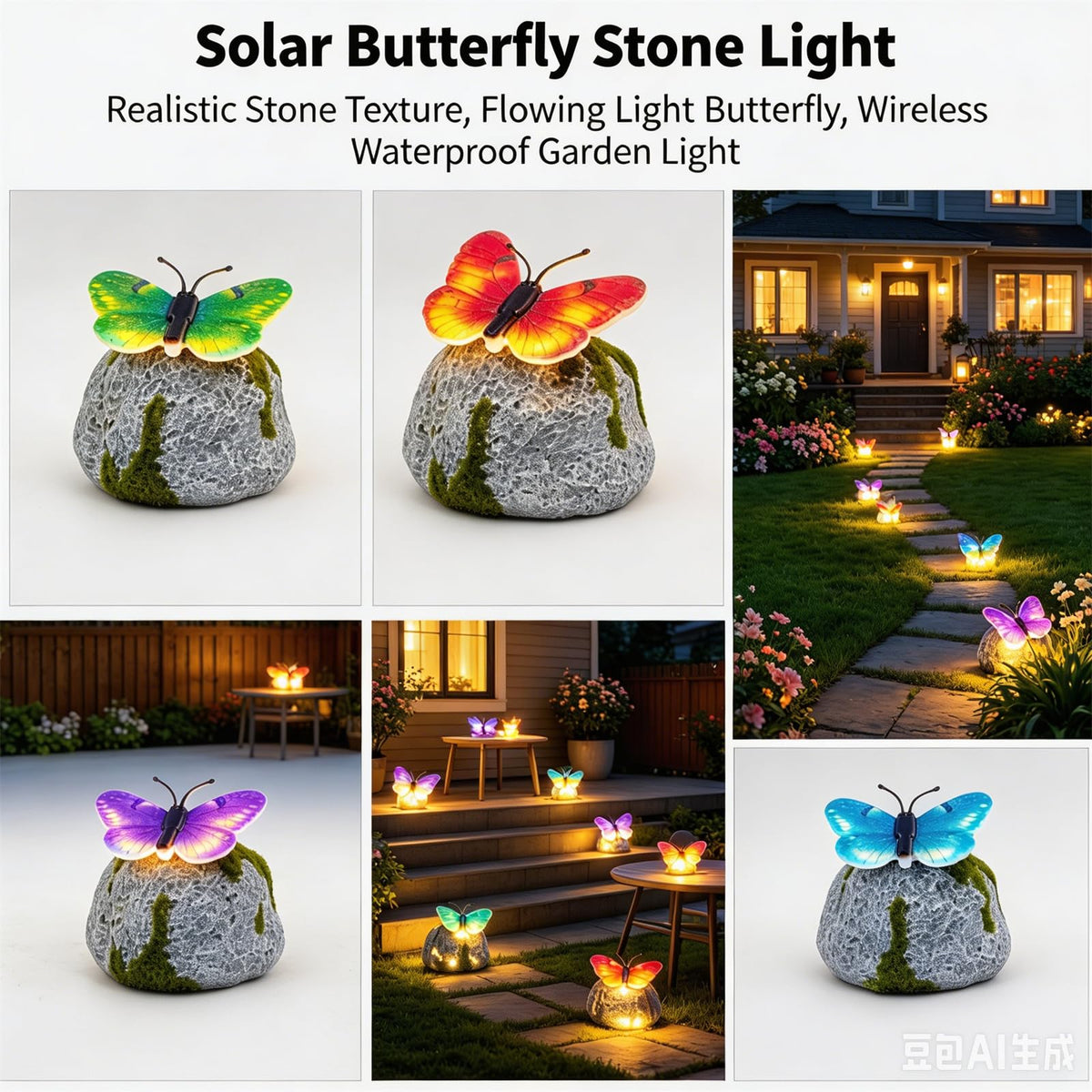 Solar Illuminated Butterfly Stone Garden Light, LED Butterfly Garden Statue with Sparkling Light-Up Wings, Glowing Landscape Rock Figurine Lamp for Flower Bed,Patio,Yard Decor Gift (Green+Purple)