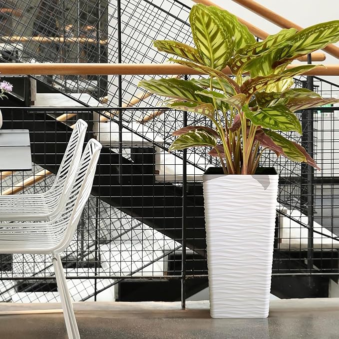 Worth Garden 22" Tall Planters Set of 2 - Plastic White Square Plant Pots - Modern Big Tapered Matte Wavy Tree Flower Pot for Indoor Outdoor Porch Deck