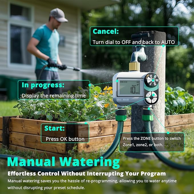 [2 Pack] QUOBAS 2 Zone Water Timer for Garden Hose, Automatic Sprinkler Timer with Dual Outlets, Heavy Duty Brass Fittings, Leak-Free, Programmable, for Lawn Watering and Drip Irrigation System