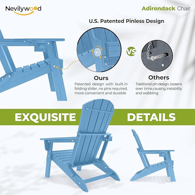 nevilywood Folding Adirondack Chair with Cup Holder Set of 2,All-Weather Adirondack Chair,Patio Chair,HDPE-Wooden Textured Lawn Chair- Light Blue